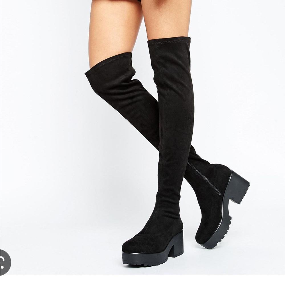 Pull and bear black platform thigh high knee high boots